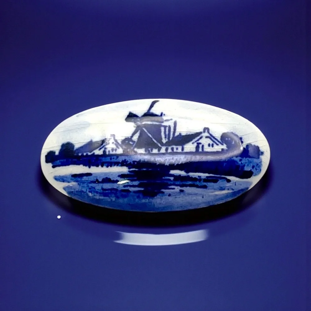 Collectible Vintage Delft Windmill Scene Porcelain Brooch Handcrafted Estate Pc